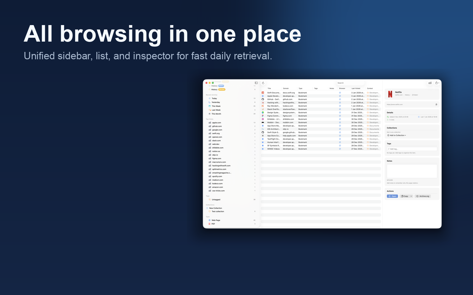 Arcmark all-browsing screenshot with sidebar, list, and inspector