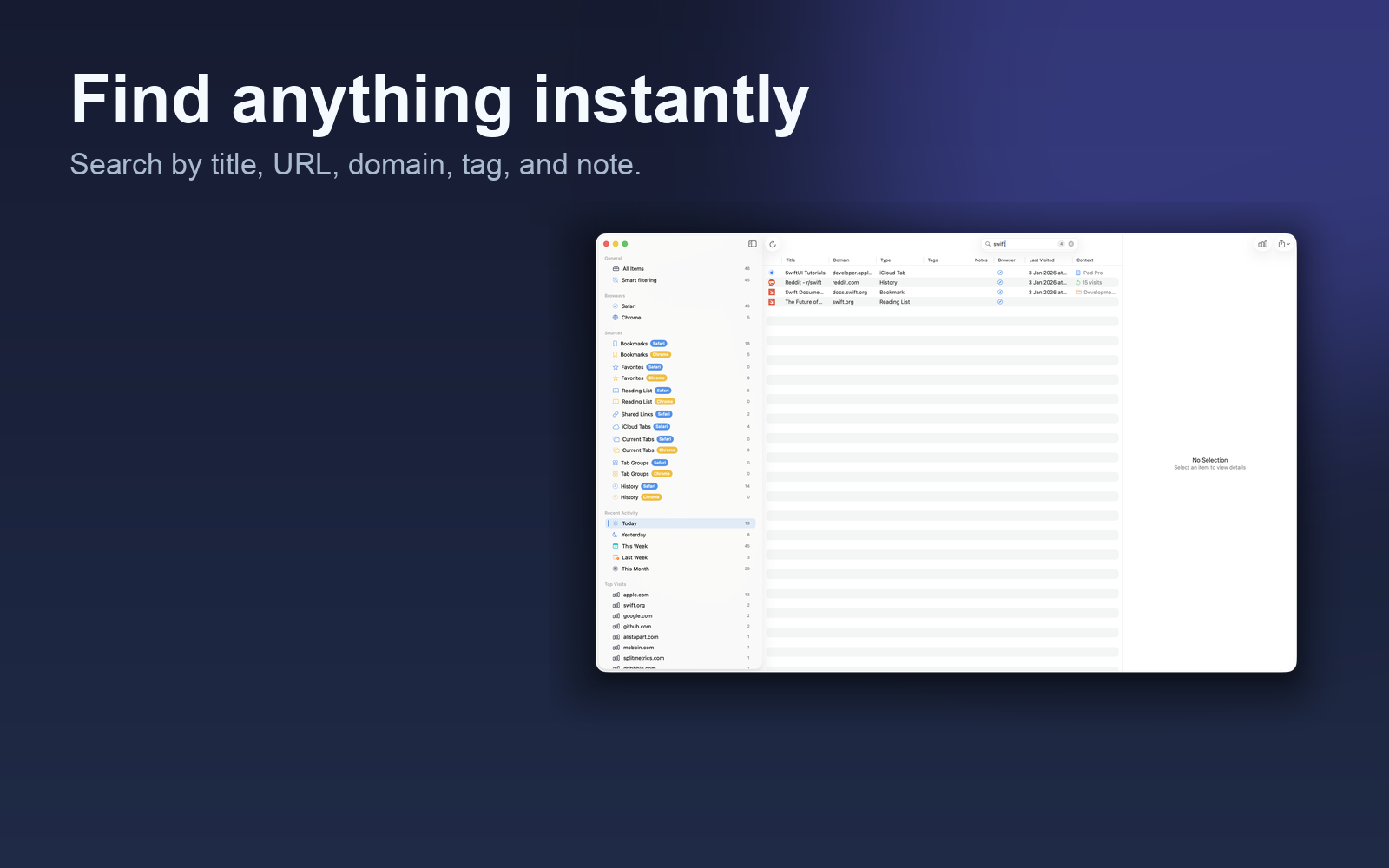 Arcmark search screenshot showing quick filtering across browser data