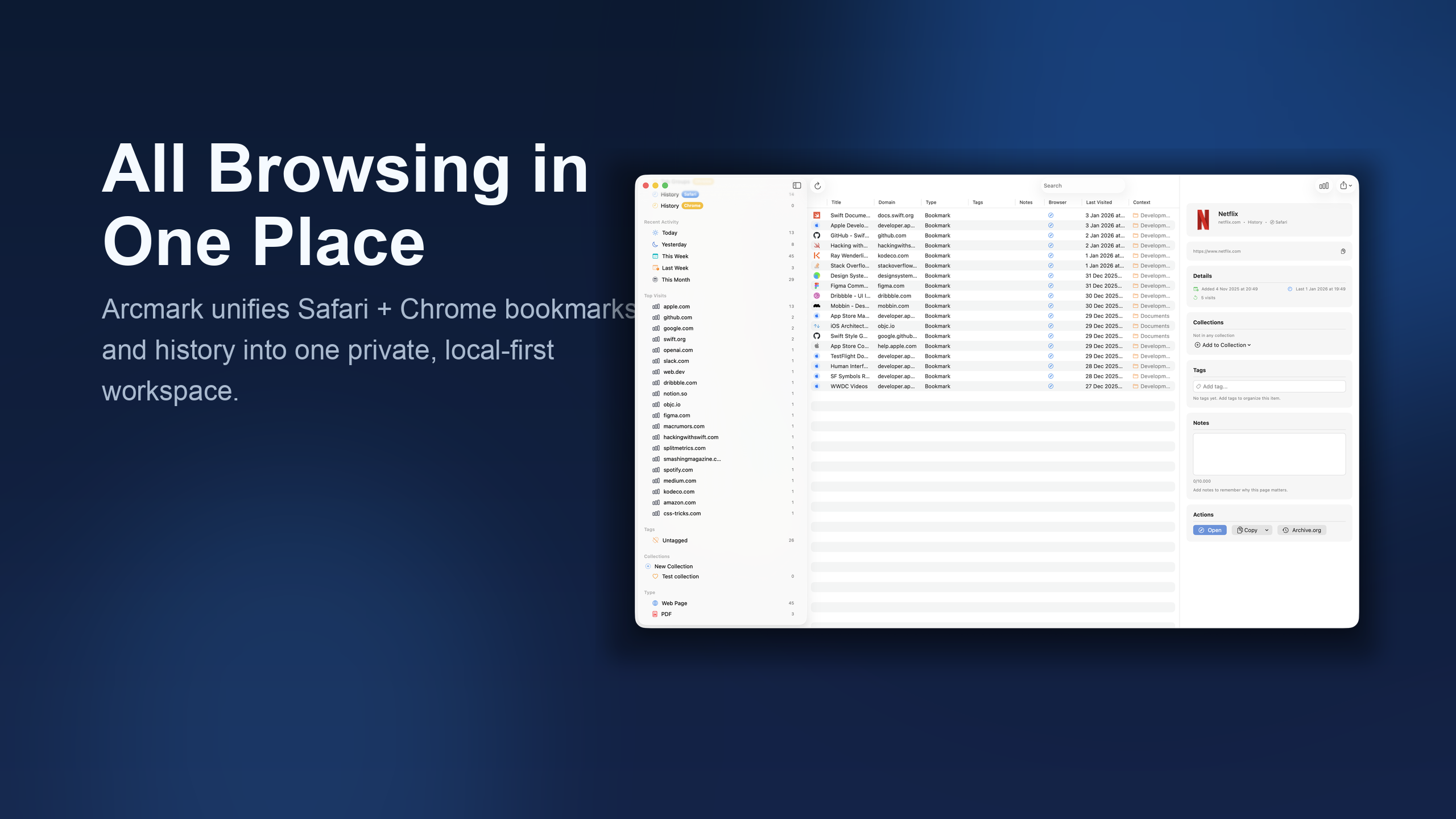 Arcmark app showing unified bookmarks and browsing history on macOS